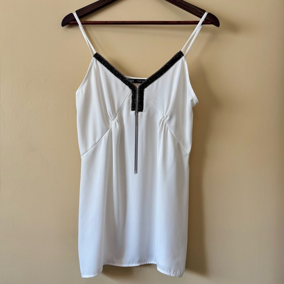 Zara| Cocktail/Party White Satin-y Cami Top Trimmed w/Black Rhinestones Sz S - Picture 1 of 4